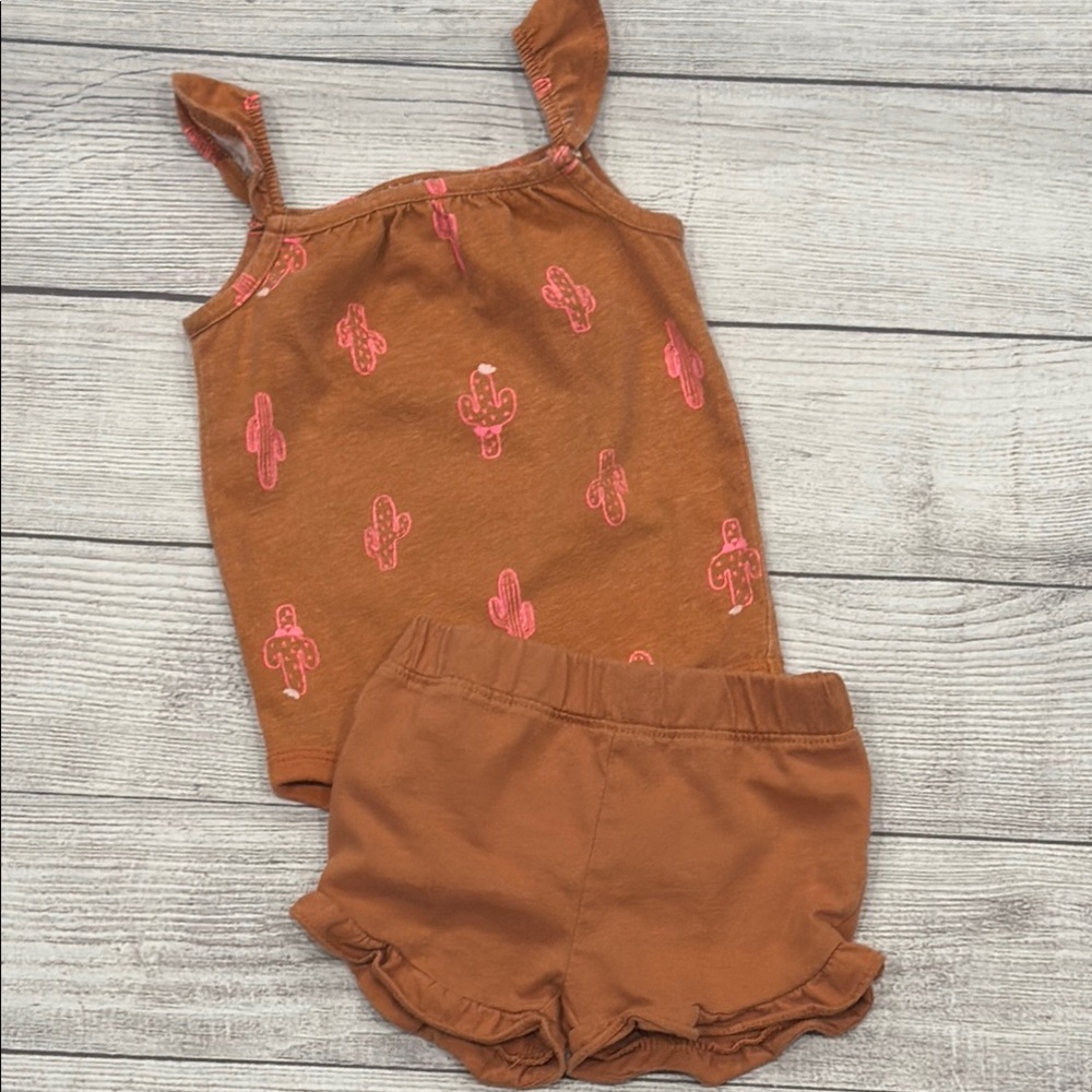 Okie Dokie Baby Girls Pink and Brown Cactus Bodysuit with Coordinating Shorts🌵